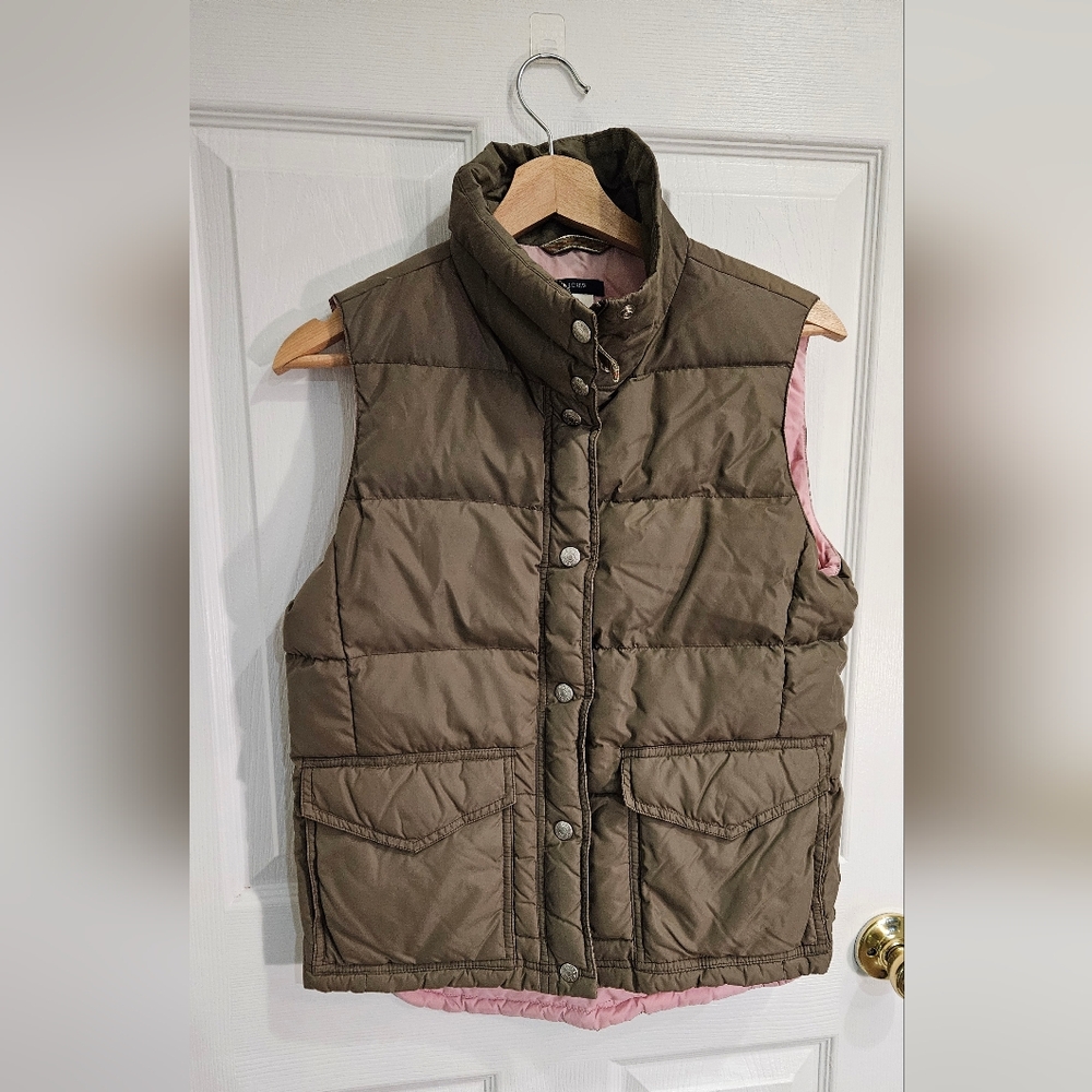 J.Crew Quilted Puffer Vest - Olive Green with Soft Pink Lining Small